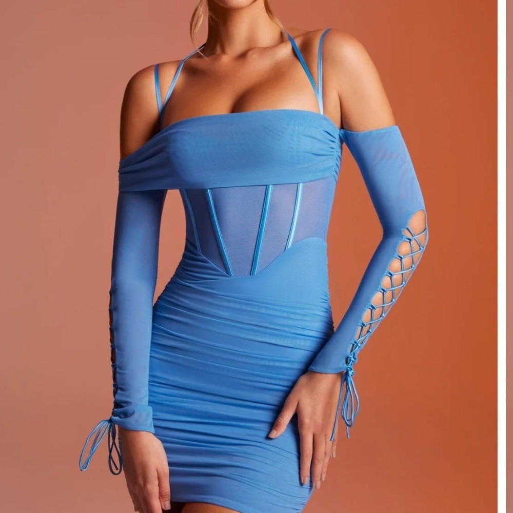 Oh Polly Blue Ruched Bustier Long Sleeve Dress
